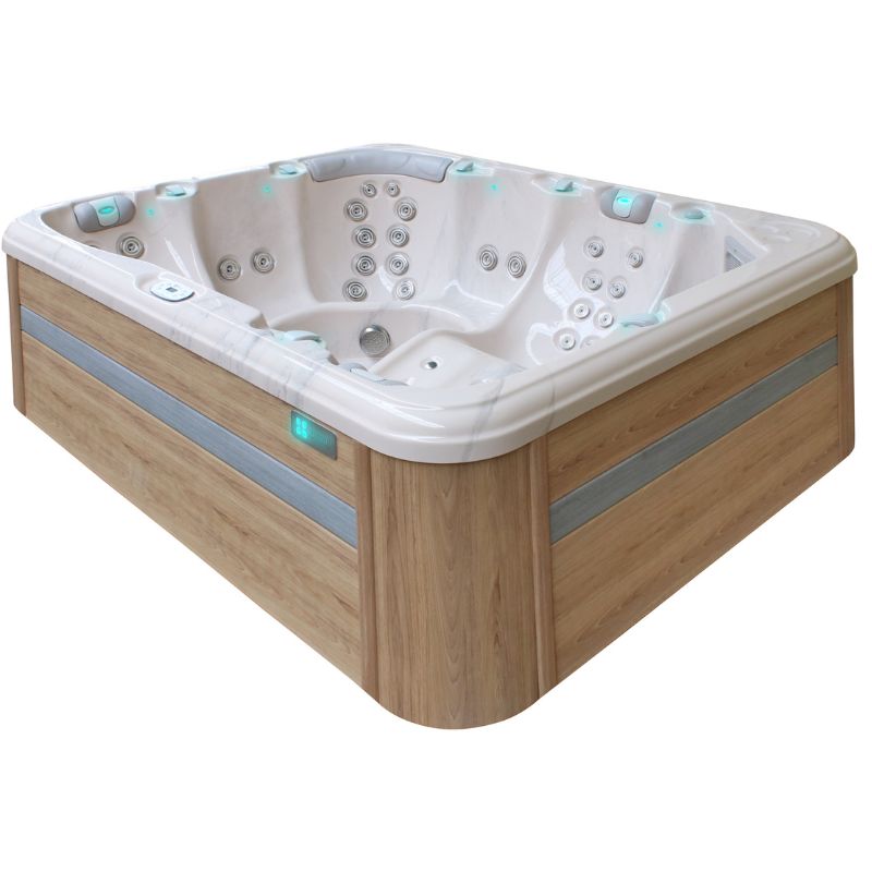 Passion Spas Repose Whirlpool 254x204 – Seitenansicht mit Holzverkleidung in Oak und Light Grey