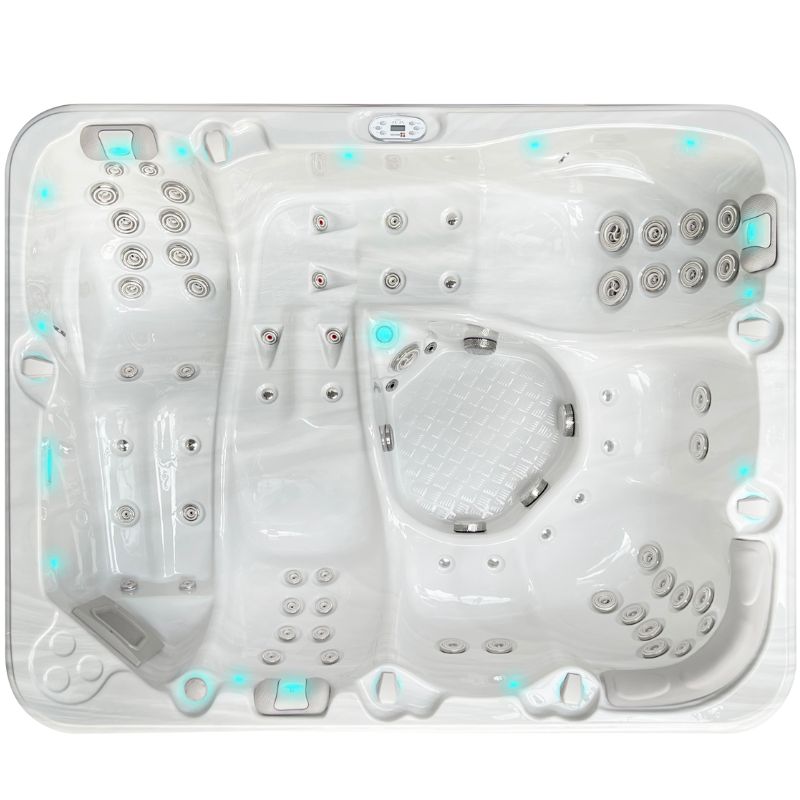 Passion Spas Repose Whirlpool 254x204 für 6 Personen – Draufsicht mit 3 Liegen und 69 Massagedüsen in Sterling White