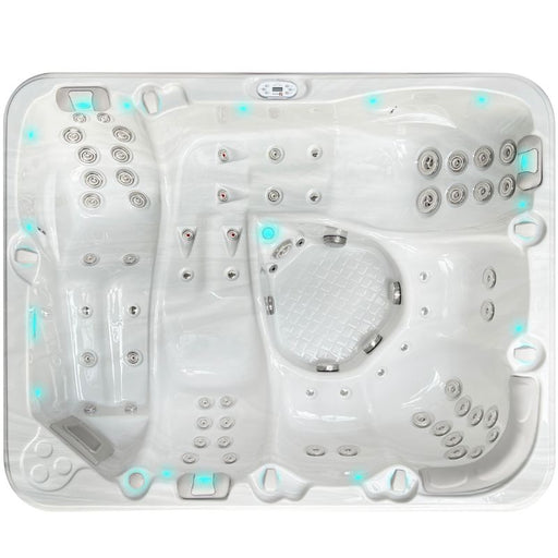 Passion Spas Repose Whirlpool 254x204 für 6 Personen – Draufsicht mit 3 Liegen und 69 Massagedüsen in Sterling White