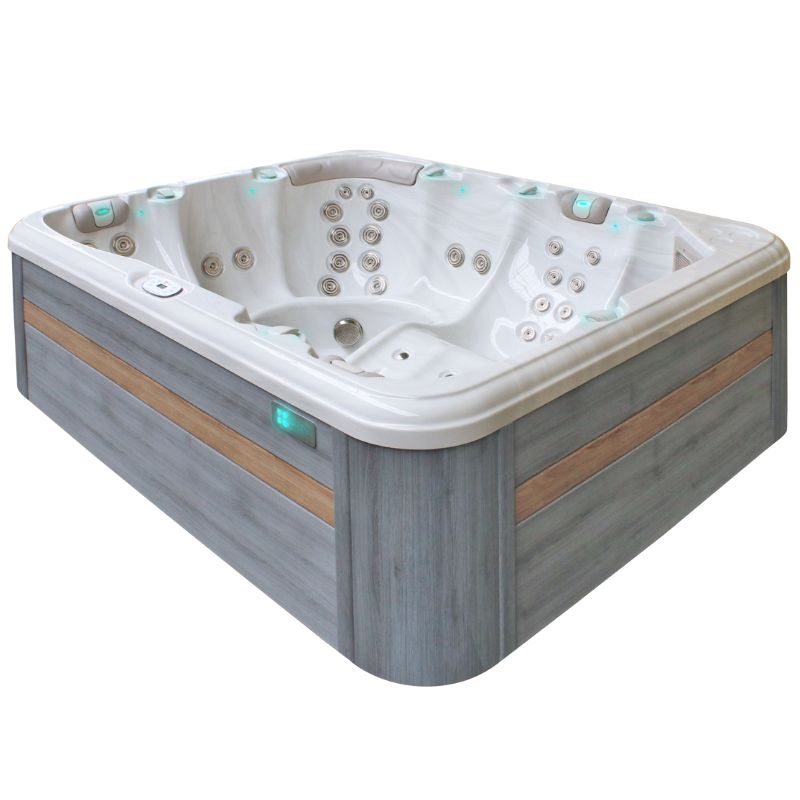 Passion Spas Repose Whirlpool 254x204 – Außenansicht mit grauer Verkleidung und Oak-Zierleisten