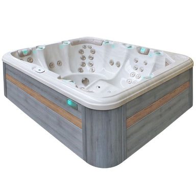 Passion Spas Repose Whirlpool 254x204 – Außenansicht mit grauer Verkleidung und Oak-Zierleisten