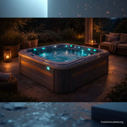 Moderner Whirlpool Passion Spas Retreat mit türkisblauem Wasser und LED-Beleuchtung auf einer Terrasse, umgeben von Gartenmöbeln und Pflanzen in der Abenddämmerung.