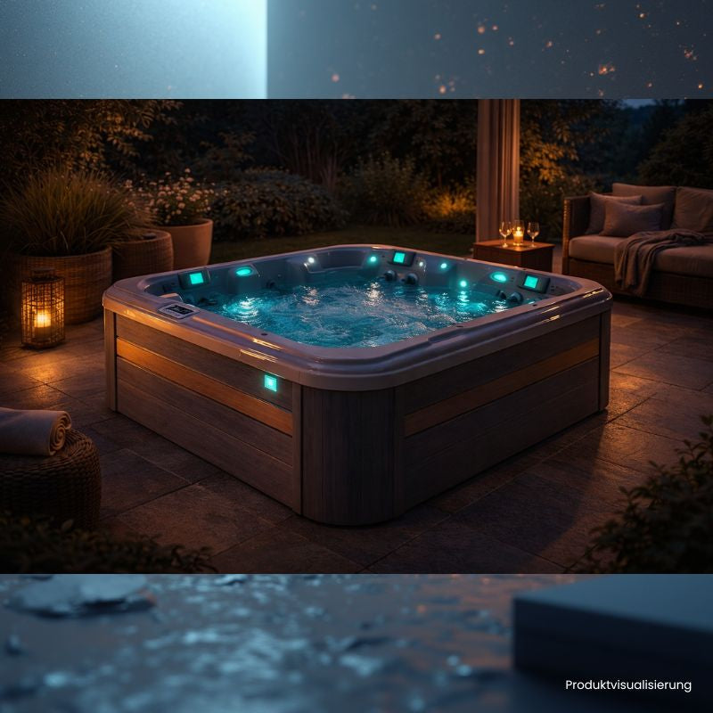 Moderner Whirlpool Passion Spas Retreat mit türkisblauem Wasser und LED-Beleuchtung auf einer Terrasse, umgeben von Gartenmöbeln und Pflanzen in der Abenddämmerung.