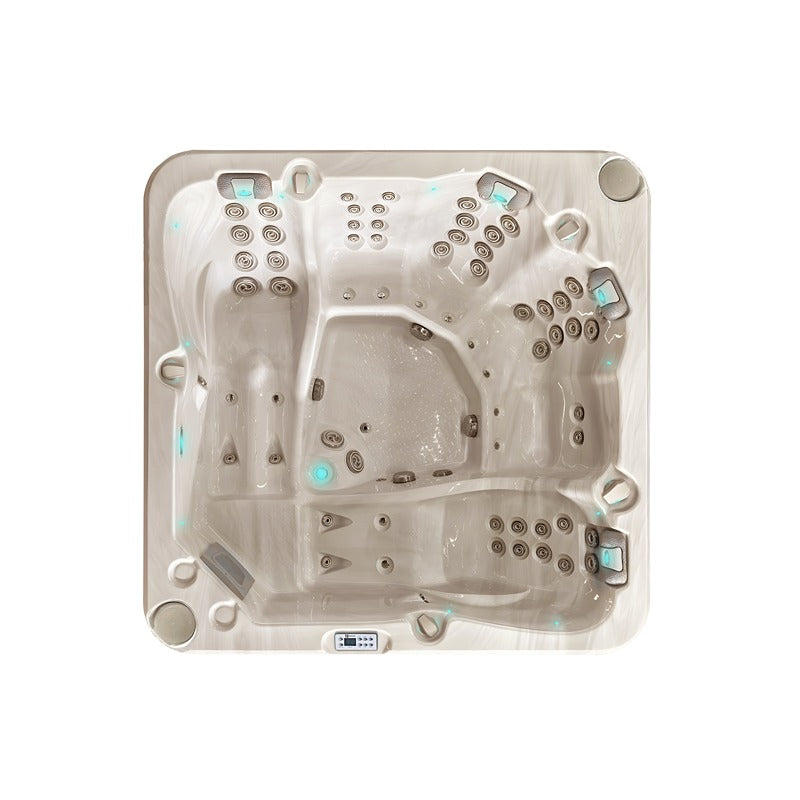 Vogelperspektive eines Passion Spas Retreat Whirlpools mit quadratischem Design, Massagedüsen an den Seiten und blauem Kontrollpanel in der Mitte für 6 Personen.