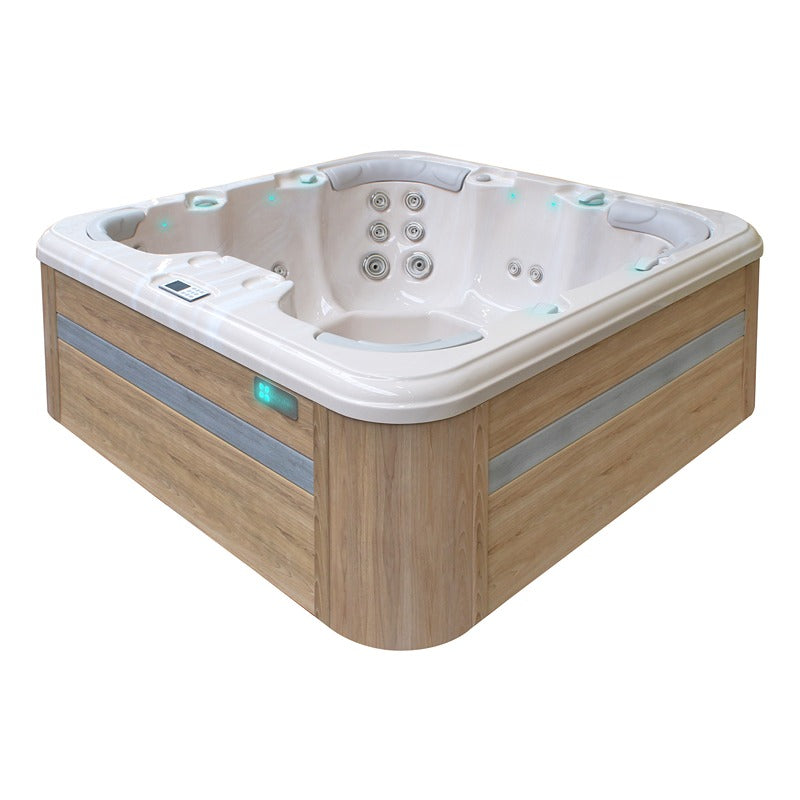 Passion Spas Rewind Whirlpool 204x204 – seitliche Ansicht mit heller Holzverkleidung