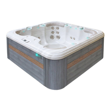Passion Spas Rewind Whirlpool 204x204 – seitliche Ansicht mit grauer Verkleidung