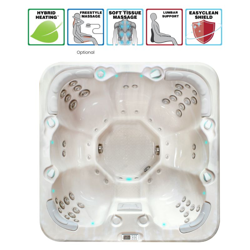 Draufsicht auf den Passion Spas Rewind Whirlpool 204x204 mit Massagedüsen und besondere Merkmale