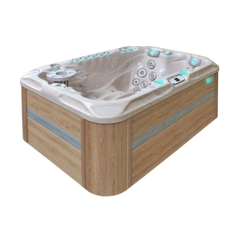 Passion Spas Sensation Outdoor Whirlpool Seitenansicht mit Holzoptik-Verkleidung in Naturfarbe