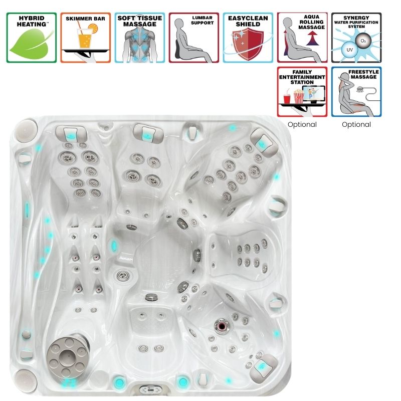 Draufsicht auf den Passion Spas Admire Outdoor Whirlpool mit ergonomischen Sitz- und Liegeflächen sowie Massagedüsen