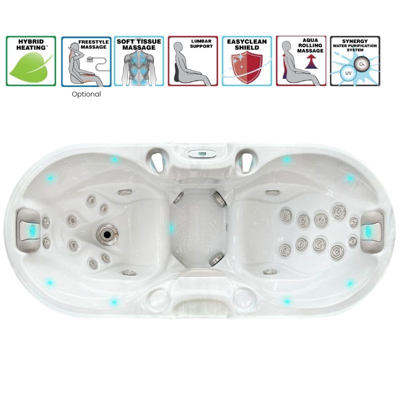 Passion Spas Bliss Outdoor Whirlpool Draufsicht mit zwei Liegeplätzen, Massagejets und LED-Beleuchtung