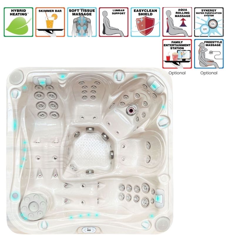 Passion Spas Delight Outdoor Whirlpool Draufsicht mit ergonomischen Sitzplätzen, Massagejets und LED-Beleuchtung