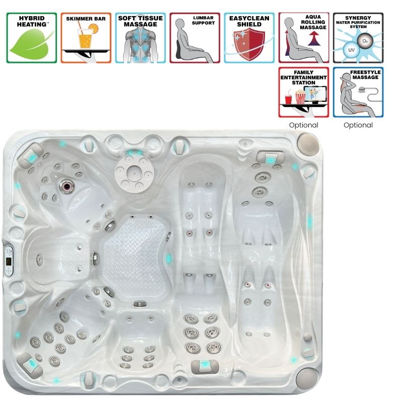 Passion Spas Desire Outdoor Whirlpool Draufsicht mit Liege- und Sitzplätzen, Massagejets und LED-Beleuchtung