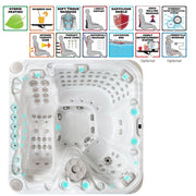 Passion Spas Felicity Outdoor Whirlpool Draufsicht mit Liege- und Sitzplätzen, Massagezonen und LED-Beleuchtung