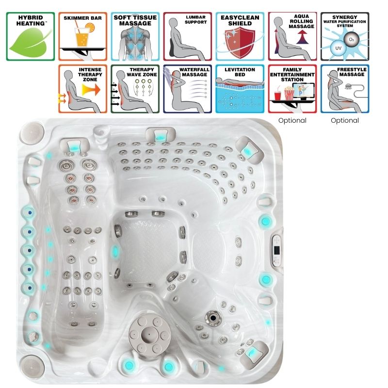 Passion Spas Felicity Outdoor Whirlpool Draufsicht mit Liege- und Sitzplätzen, Massagezonen und LED-Beleuchtung