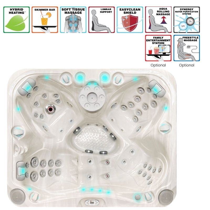 Passion Spas Happy Outdoor Whirlpool Draufsicht mit ergonomischen Sitzplätzen, Massagejets und LED-Beleuchtung