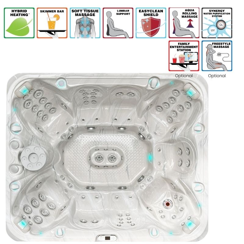 Passion Spas Harmony Outdoor Whirlpool Draufsicht mit mehreren Sitz- und Liegeplätzen sowie Massagejets