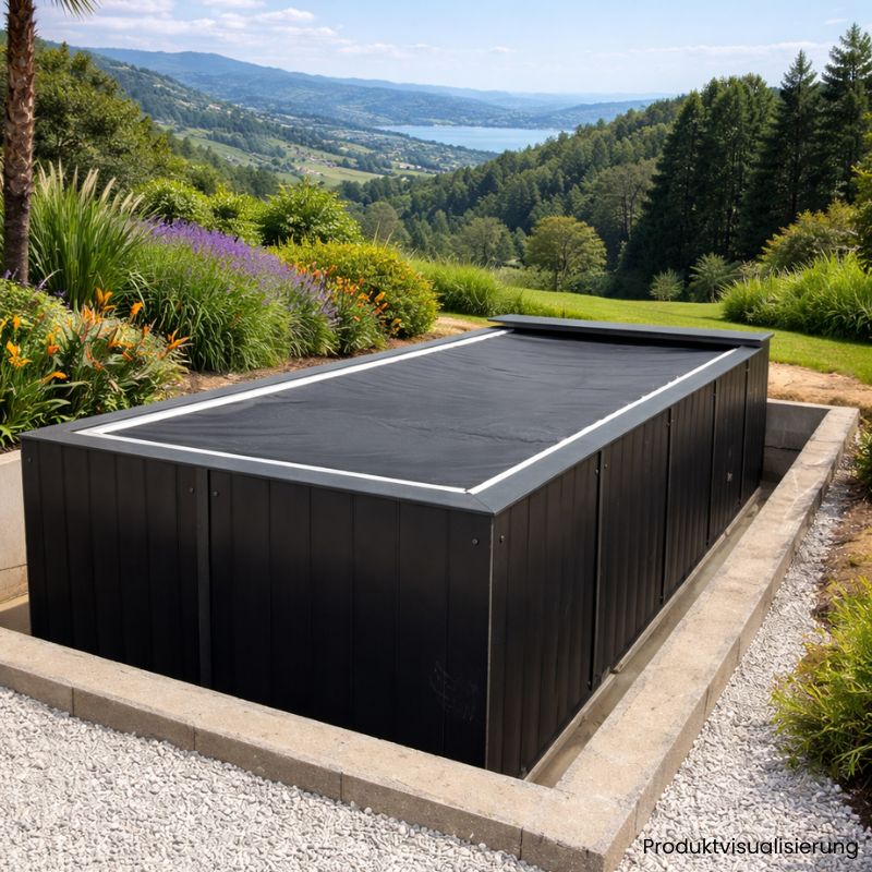 Passion Spas Balance Swim Spa mit elektrischem Cover im Garten, Visualisierungsbild mit Berg- und Seeblick