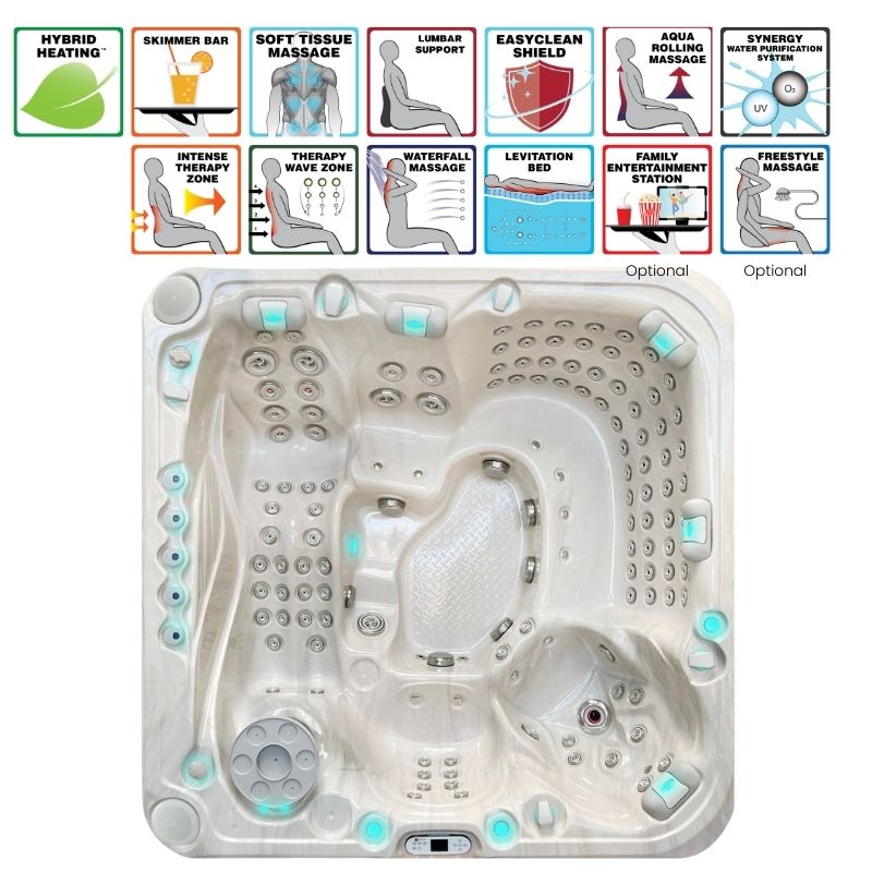 Draufsicht auf den Passion Spas Exhilarate Outdoor Whirlpool mit ergonomischem Liegeplatz und Massagedüsen