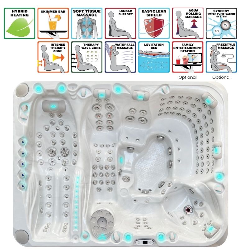 Draufsicht auf den Passion Spas Ecstatic Outdoor Whirlpool mit ergonomischen Liegeflächen und Massagedüsen