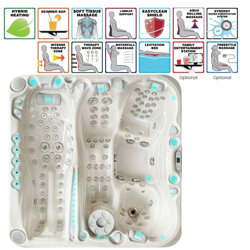 Draufsicht auf den Passion Spas Euphoria Outdoor Whirlpool mit ergonomischen Liegeflächen und Massagedüsen