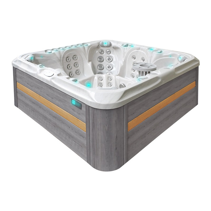 Passion Spas Excite Outdoor Whirlpool Seitenansicht mit grauer Holzoptik-Verkleidung