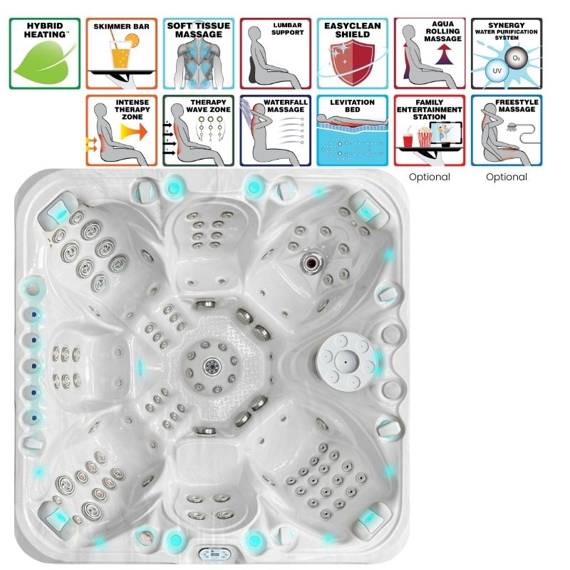 Passion Spas Excite Outdoor Whirlpool Draufsicht mit Massagezonen, LED-Beleuchtung und besonderen Ausstattungsmerkmalen