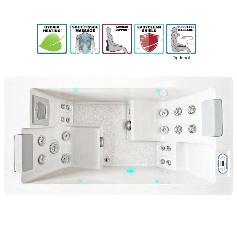 Draufsicht auf den Passion Spas Serene 2 Outdoor Whirlpool mit zwei ergonomischen Sitzplätzen und Massagedüsen