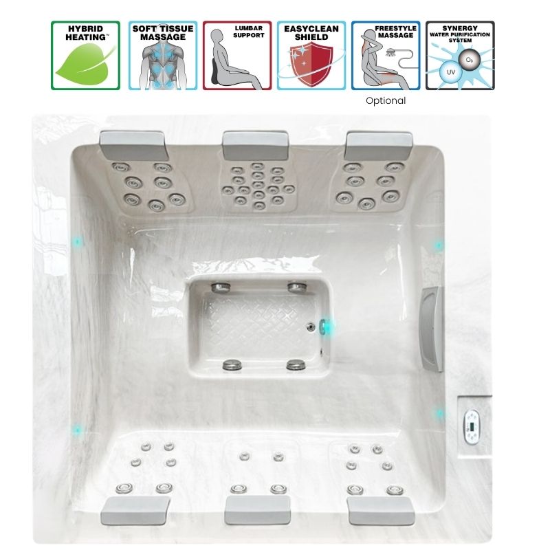 Passion Spas Serene 6 Outdoor Whirlpool Draufsicht mit Massagezonen, LED-Beleuchtung und besonderen Ausstattungsmerkmalen