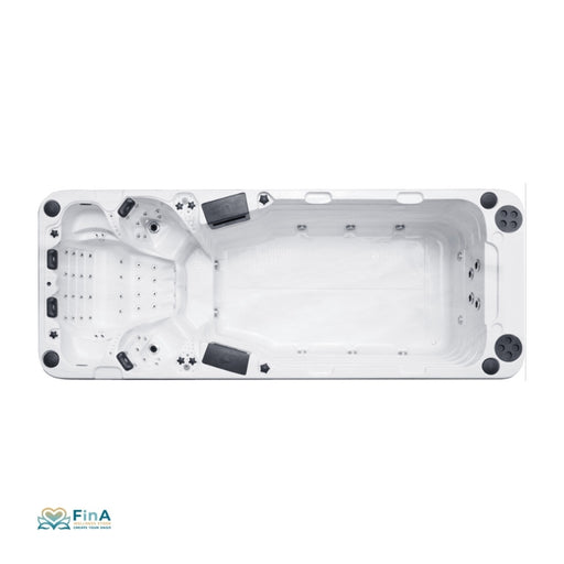 Oberansicht Swim Spa Passion Spas Aquatic 5 – luxuriöser Whirlpool mit 4 Sitzplätzen und 48 Massagedüsen, perfekt für Garten oder Wellnessbereich.