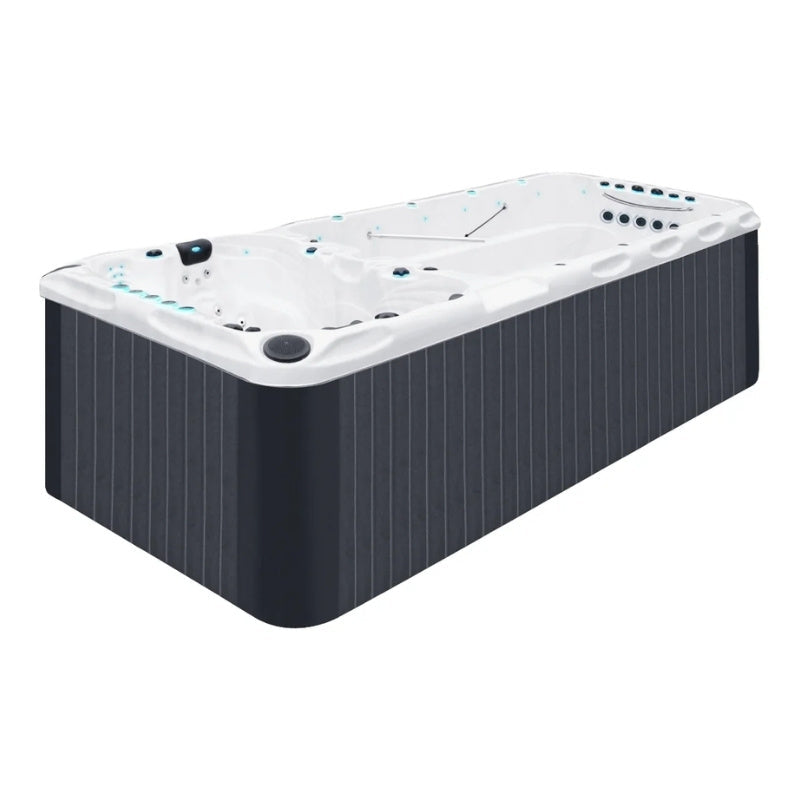 Seitenansicht des Swim Spa „Spirit“ von Passion Spas – modernes Whirlpool-Design für Garten oder Wellnessbereich