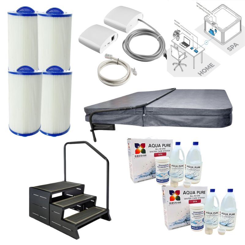 FINA2JAHRE Whirlpool Zubehör Set mit Filterpatronen, Abdeckung, Treppen, Verbindungskabeln und Aqua Pure Wasserpflegeprodukten von FinA Wellness