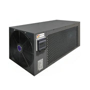 Schwarze Wärmepumpe von Passion Spas mit großem Lüfter, seitlichem Lüftungsgitter und digitalem Bedienfeld – für Swim Spas oder Whirlpools