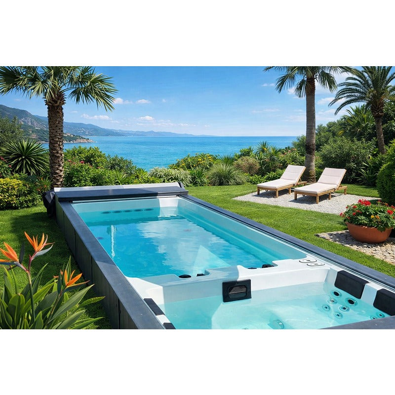 Passion Spas Balance Swim Spa im Frühling im Garten, hochwertiger Swim Spa mit klarer Wasseroberfläche