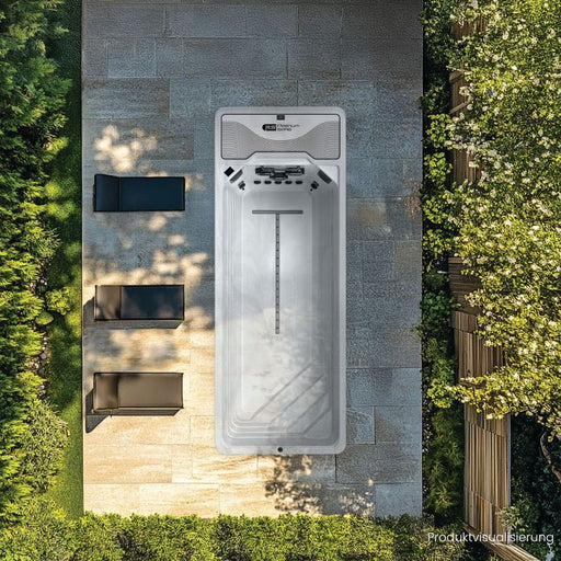 Inground installierter Platinum Spas Atlas Mini Pool River Jet im Garten, Draufsicht ohne Wasser