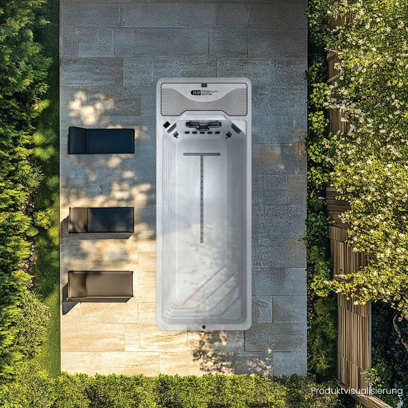 Inground installierter Platinum Spas Atlas Mini Pool River Jet im Garten, Draufsicht ohne Wasser