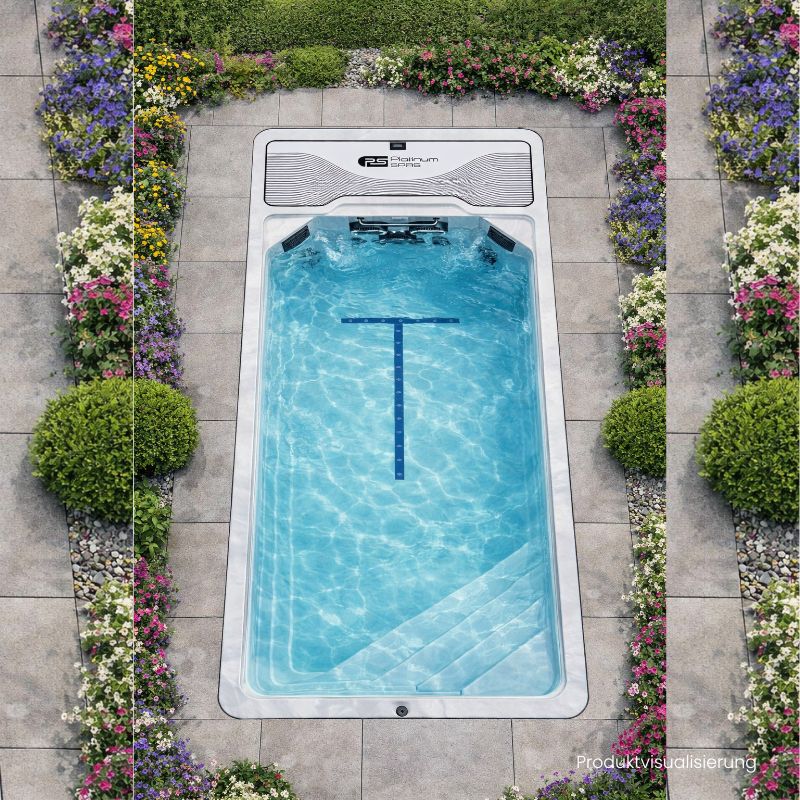Platinum Spas Atlas Mini Pool River Jet inground im Garten mit Wasser, Draufsicht mit Blumen und Natursteinplatten