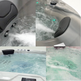 Whirlpool Platinum Spas Deluxe mit sprudelndem Wasser, individuellen Sitz- und Druckreglern sowie verschiedenen Düsen und Massagefunktionen in unterschiedlichen Beckenansichten