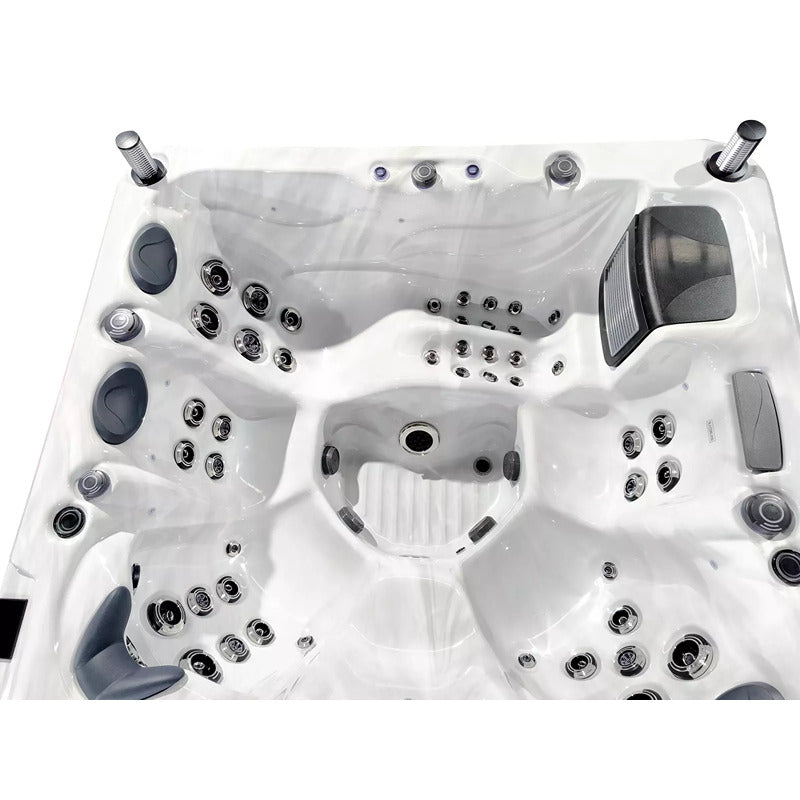  Draufsicht auf strukturierte Whirlpool-Sitzanordnung mit Massagedüsen, Kopfstützen und Technikkomponenten