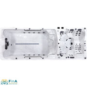 Draufsicht auf einen weißen Swim Spa Platinum Helios mit Gegenstromanlage, Whirlpool-Bereich und Düsensystem für bis zu 6 Personen