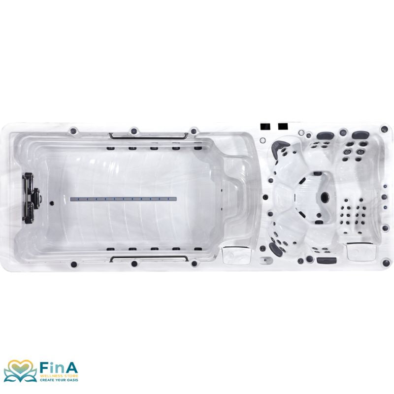 Draufsicht auf einen weißen Swim Spa Platinum Helios mit Gegenstromanlage, Whirlpool-Bereich und Düsensystem für bis zu 6 Personen