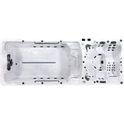 Großzügiger Swim Spa mit separatem Whirlpool-Bereich – Draufsicht auf Innenraum und Düsenanordnung