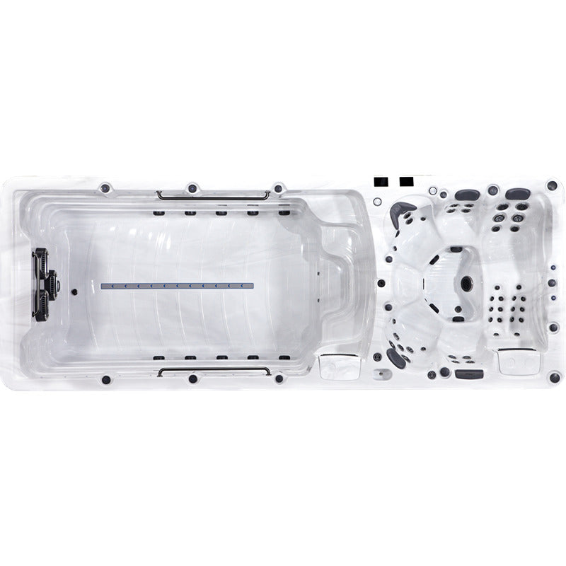 Großzügiger Swim Spa mit separatem Whirlpool-Bereich – Draufsicht auf Innenraum und Düsenanordnung