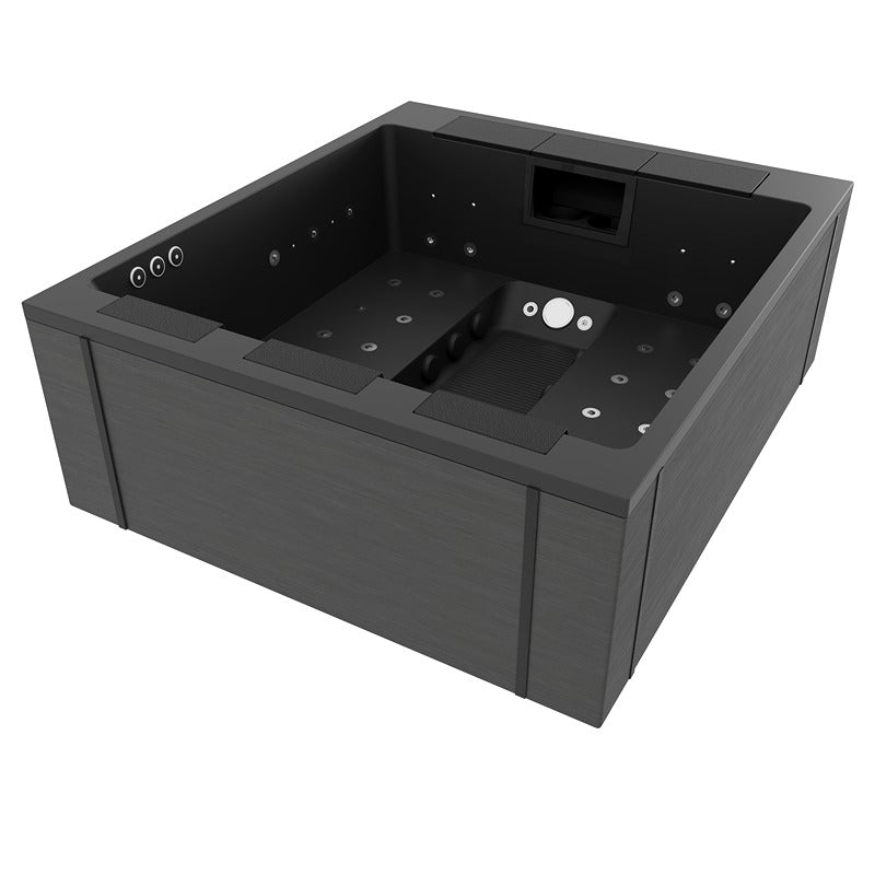 Exklusive Rückansicht des Platinum Spas Lounge Divine Plus Whirlpools mit tiefen Liegeflächen, hochwertiger Düsenanordnung und reduzierter Formsprache in Carbon Black.