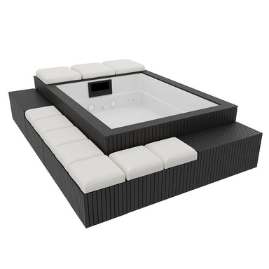 Seitliche Perspektive des Mirage Mini Pools mit umlaufender Polsterbank – modernes Spa-Mobiliar für stilvolle Rückzugsorte