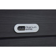 Nahaufnahme des Platinum Spas Logos auf der Verkleidung – elegante Markenplakette auf dunklem Holzdekor.
