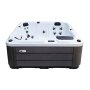 Frontalansicht des Platinum Spas Reims Outdoor-Whirlpools – edles Design in Weiß und Grau mit komfortabler Innenausstattung.