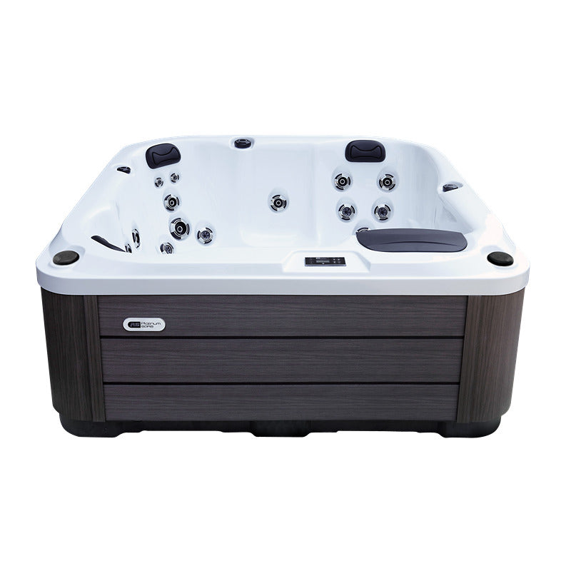 Frontalansicht des Platinum Spas Reims Outdoor-Whirlpools – edles Design in Weiß und Grau mit komfortabler Innenausstattung.