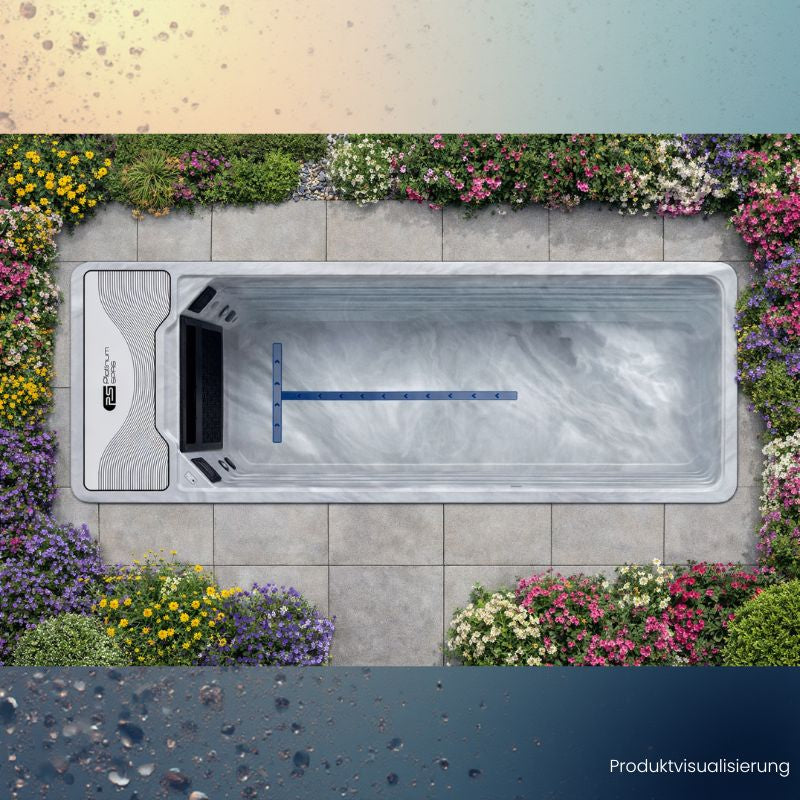 Mini Pool von Platinum Spas, Hades, Pro von oben im natürlichen Gartenambiente mit Wasser, Betonplatten und üppiger Blumenbepflanzung