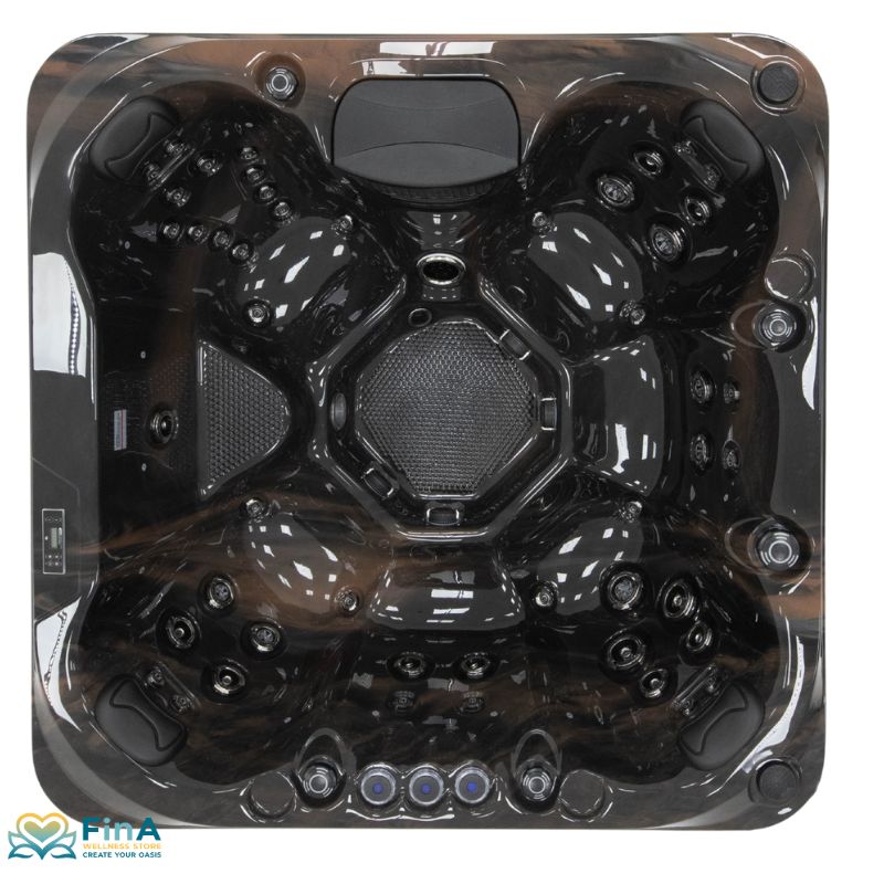 Produktname: Platinum Spas Seville Outdoor Whirlpool – Deluxe, für bis zu 7 Personen. Draufsicht auf das Modell in Midnight Dark mit glänzender Oberfläche, mehreren Massagedüsen und Kopfstützen.“