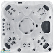 Produktname: Platinum Spas Seville Outdoor Whirlpool – Deluxe, für bis zu 7 Personen. Obere Draufsicht zeigt elegantes Design mit mehreren Massagedüsen, Kopfstützen und zentralem Einstieg
